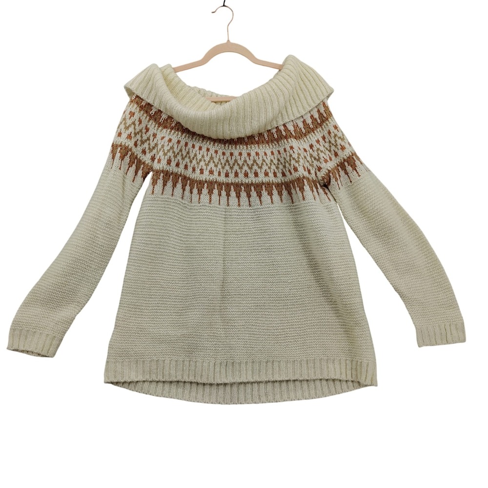 Maurices Women Boho Cabin Fair Isle Cowl Neck Sweater XL Cream Nordic Knit